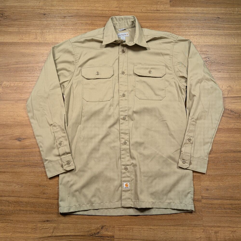 Carhartt Twill Long Sleeve Button Up Work Shirt Mens M Khaki Relaxed Relaxed Fit